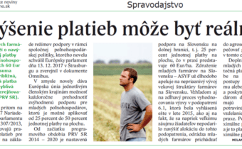 Článok v Roľníckych novinách o navýšení platby pre mladých farmárov